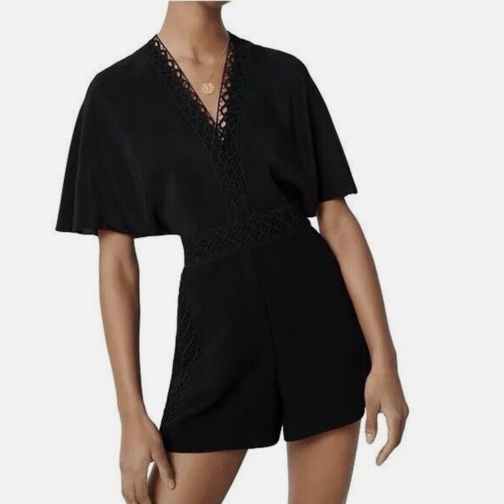 New MAJE Idelle Lace Trim Short Sleeve Silk Romper - 8
